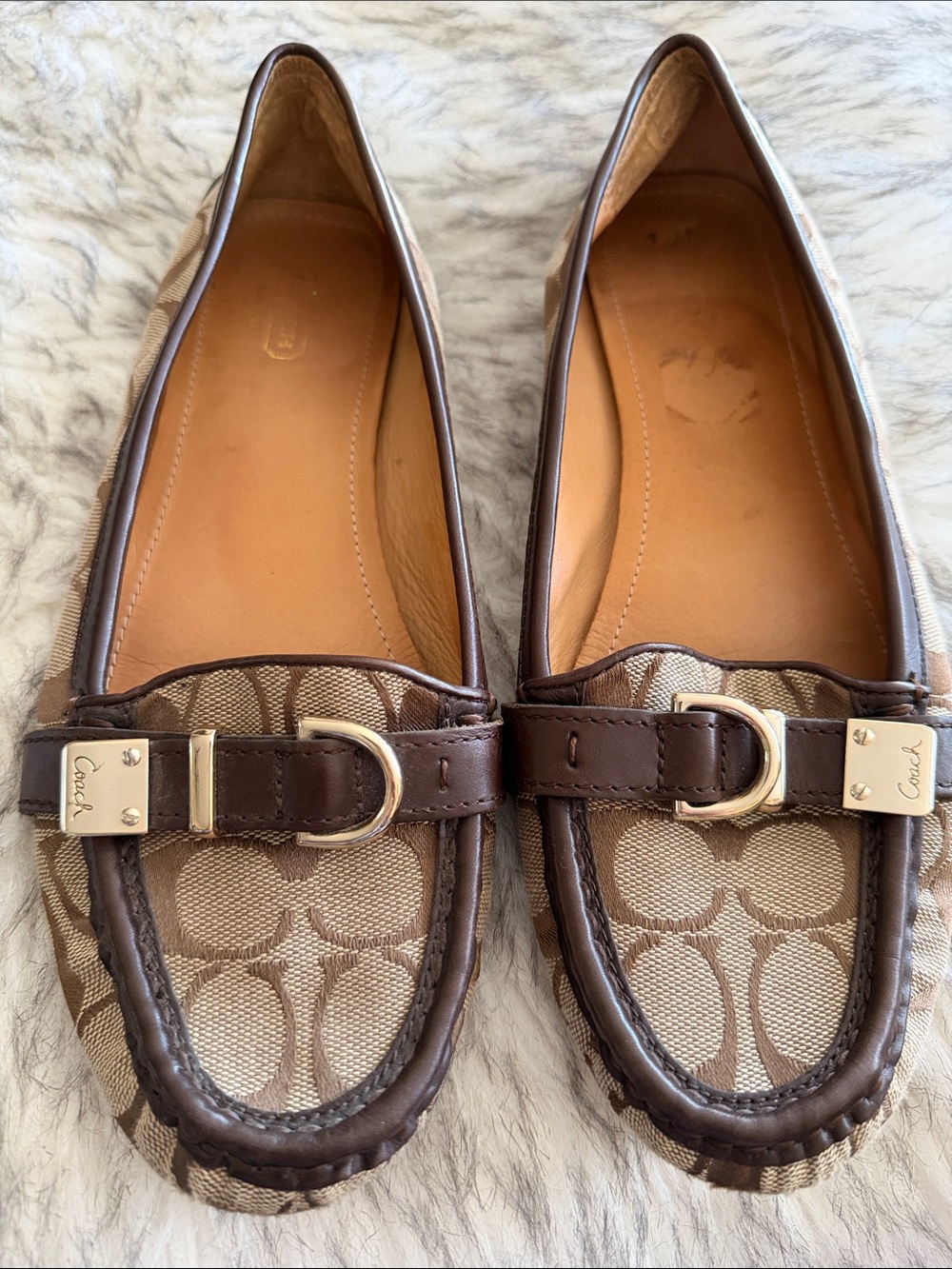 Coach Brown Signature Canvas Loafers with Gold-Tone Buckle